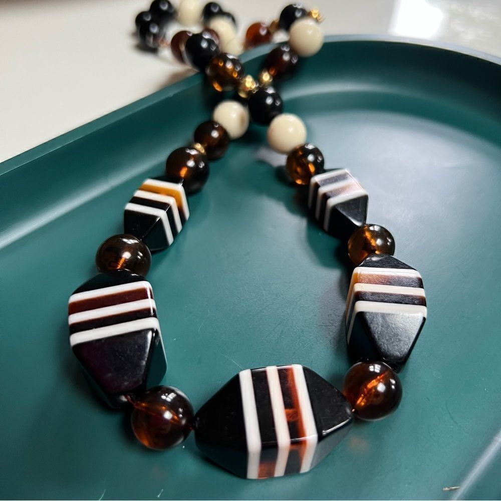 Gorgeous Neutral Tone Vintage 1970s 3D Geometric Block Beads Statement Necklace